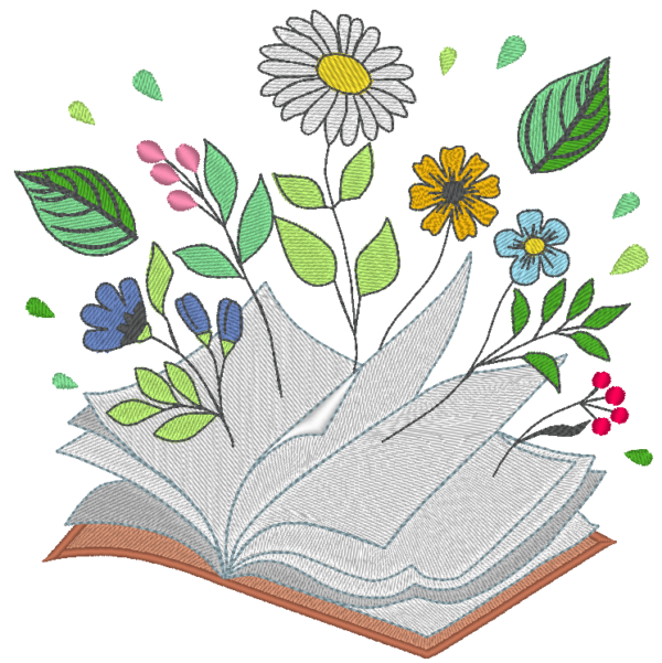Livre ouvert avec des fleurs - Motif de broderie machine 3 tailles