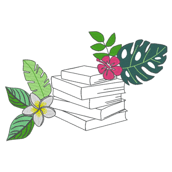 Livres et fleurs tropicales - Motif de broderie machine 3 tailles
